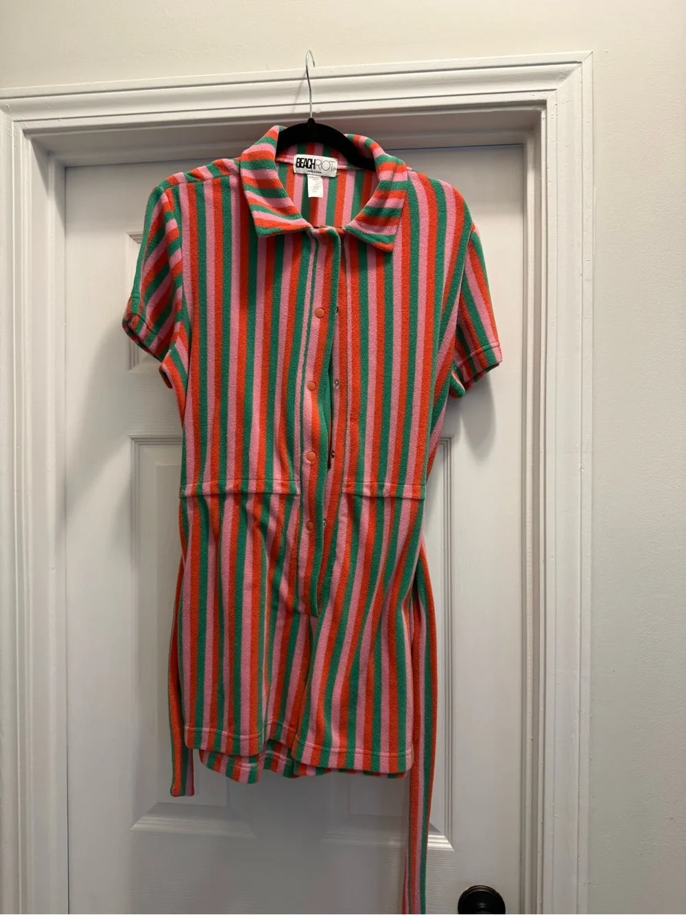 Beach Riot Gia Palm Stripe Terry Cloth Pink, Green & Orange Striped Terry Polo